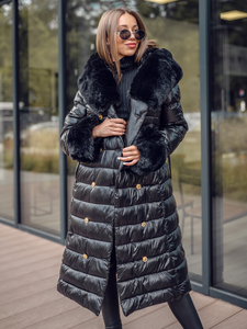 Fekete színű hosszú steppelt téli női kabát kapucnival Bolf 5M3160