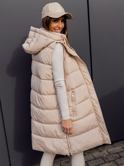 Bézs színű hosszú steppelt oversize női mellény Bolf 81276