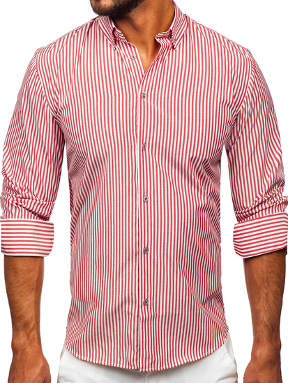 Hosszú ujjú csíkos férfiing korallpiros színben Bolf 22731