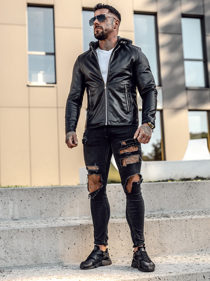 Fekete színű biker típusú férfi bőrdzseki kapucnival Bolf 11Z8012