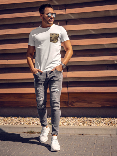 Fehér-zöld színű férfi póló terepmintás zsebbel Bolf 8T85A