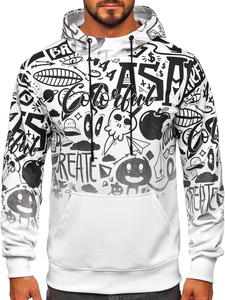 Fehér színű kapucnis kenguruzsebes férfi melegítőfelső mintával Bolf 8B995