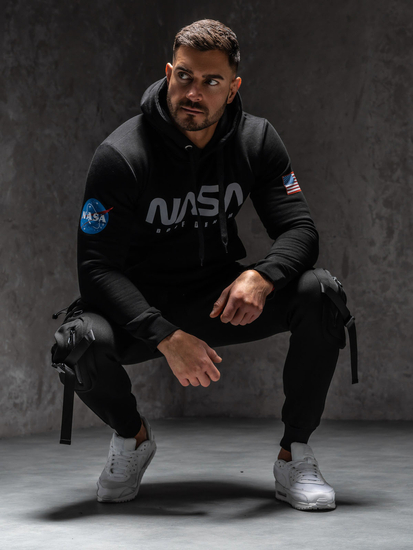 Fekete férfi kenguruzsebes mintás pulcsi kapucnival BOLF 146956B