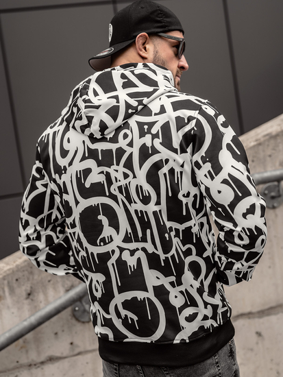 Fekete-fehér színű kapucnis kenguruzsebes férfi melegítőfelső mintával Bolf 8B1152A