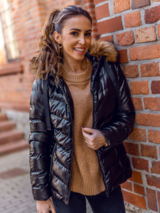 Steppelt téli női dzseki kapucnival fekete-barna színben Bolf 5M773A