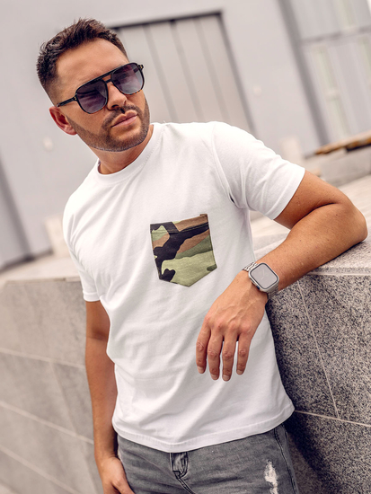 Fehér színű férfi pamutpóló terepmintás zsebbel Bolf 14507A