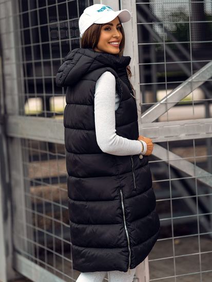 Fekete női hosszú steppelt mellény kapucnival Bolf 81261B