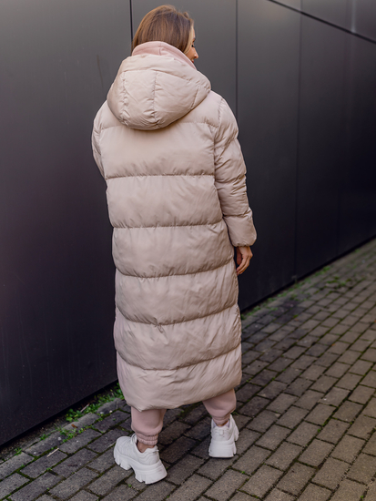 Bézs színű hosszú steppelt téli női kabát kapucnival Bolf R6702A