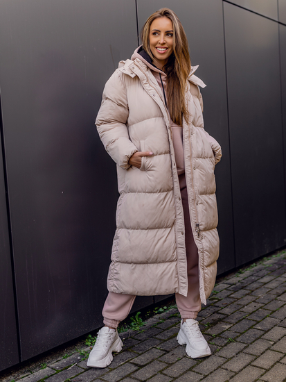 Bézs színű hosszú steppelt téli női kabát kapucnival Bolf R6702A
