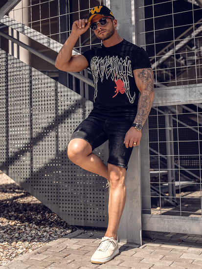 Fekete színű férfi póló mintával Bolf MT3026