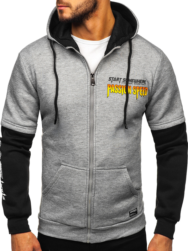 Férfi nyomtatott kenguru kapucnis pulóver Szürke Bolf HY611