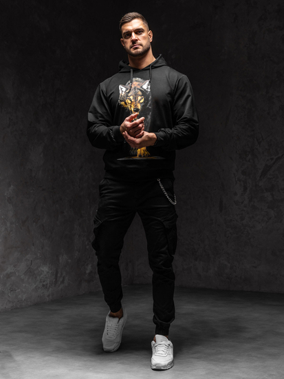 Mintás férfi pulcsi kapucnival fekete színben Bolf 6141