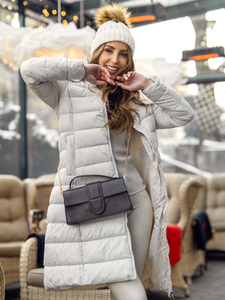 Bézs színű hosszú steppelt téli női kabát kapucnival Bolf MB0276A