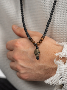 Fekete férfi nyaklánc gyöngyökkel zsinóron medállal Bolf TT5502