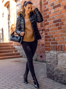 Steppelt téli női dzseki kapucnival fekete-barna színben Bolf 5M773A