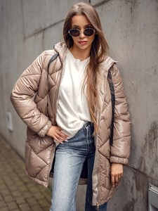 Camel színű hosszú steppelt téli női kabát kapucnival Bolf 5M3189