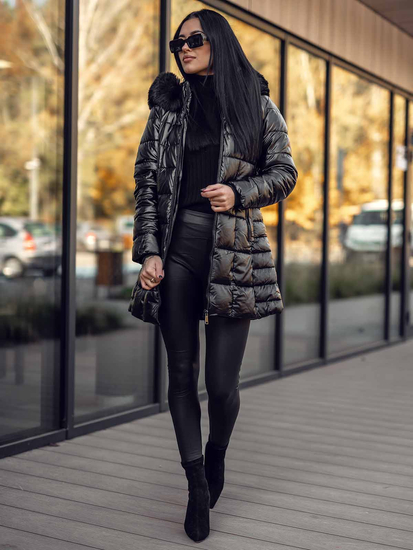 Fekete színű hosszú steppelt téli női kabát kapucnival Bolf 16M9120A