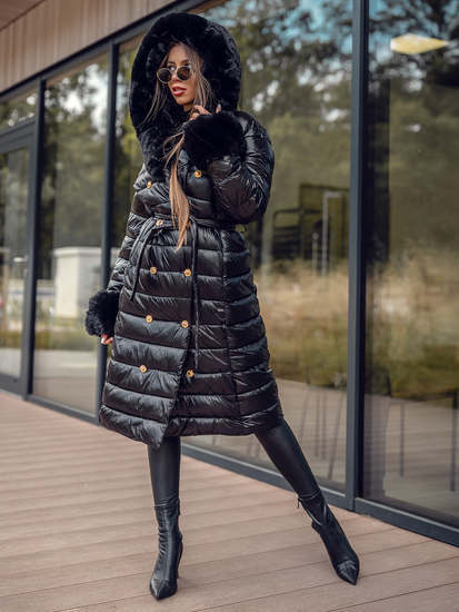 Fekete színű hosszú steppelt téli női kabát kapucnival Bolf 5M3160