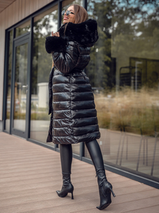 Fekete színű hosszú steppelt téli női kabát kapucnival Bolf 5M3160