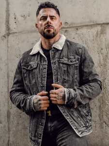 Bélelt trucker típusú férfi farmerdzseki szőrmés gallérral fekete színben Bolf 1160