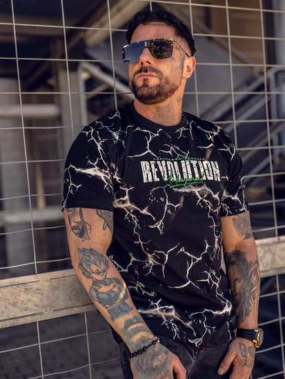 Fekete színű pamut férfi póló mintával Bolf 14717A