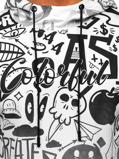 Fehér színű kapucnis kenguruzsebes férfi melegítőfelső mintával Bolf 8B995