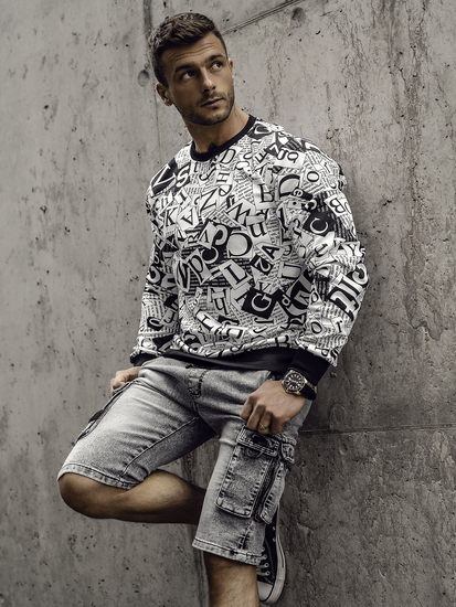 Fekete-fehér mintás férfi pulóver kapucni nélkül Bolf 8B1135A