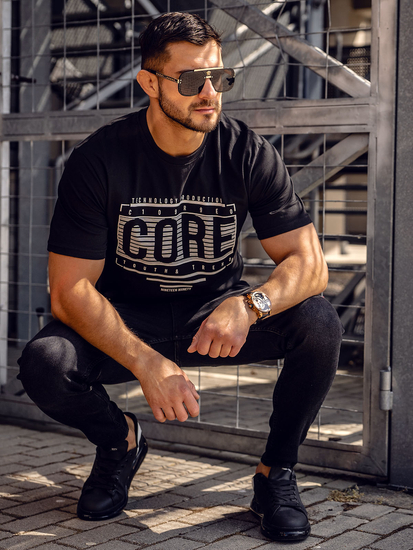 Fekete T-shirt férfi nyomott mintás Bolf SS11071A