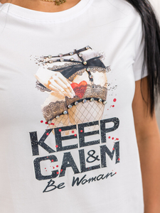 Fehér női póló mintával Bolf 95T2502