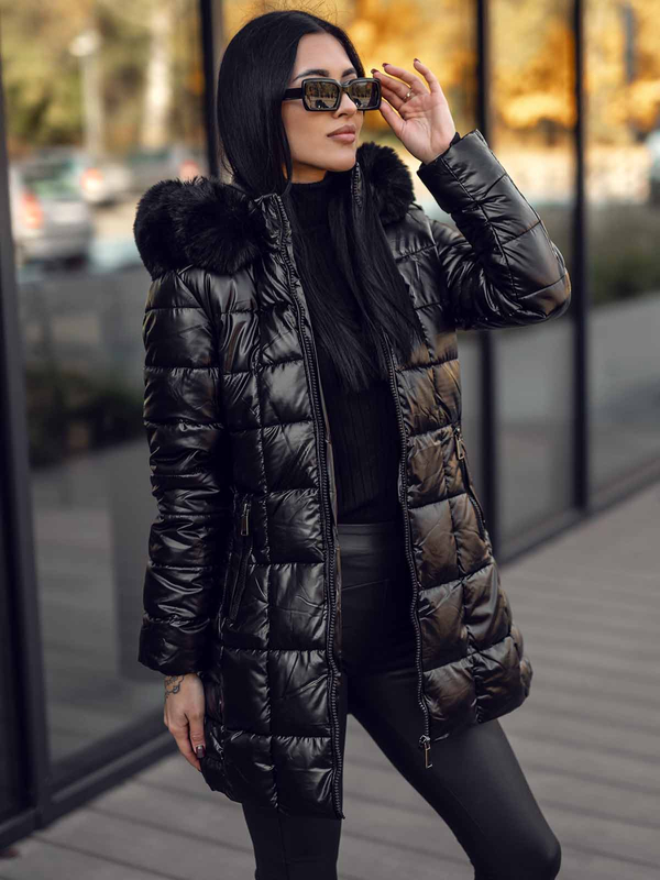 Fekete színű hosszú steppelt téli női kabát kapucnival Bolf 16M9120A