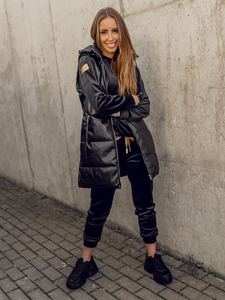 Fekete színű hosszú steppelt női mellény ökobőrből Bolf AY756