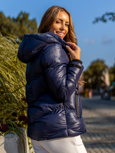 Gránátkék színű steppelt téli női kabát kapucnival Bolf 23065A