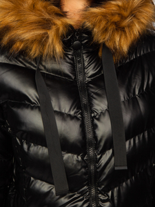 Hosszú steppelt téli női dzseki kapucnival fekete színben Bolf 5M778