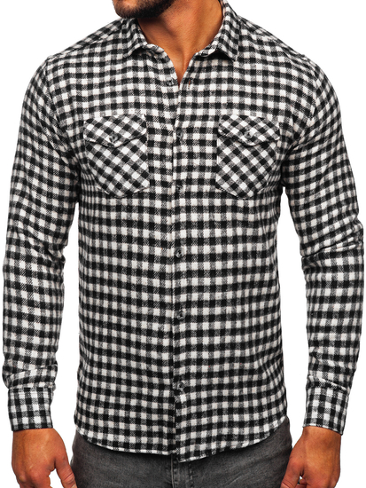 Hosszú ujjú kockás férfi flaneling fekete-fehér színben Bolf 22701