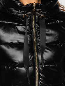 Fekete kétoldalú steppelt női téli dzseki kapucnival Bolf P6631