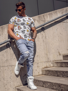 Mintás férfi pamut póló fehér színben Bolf 14963A