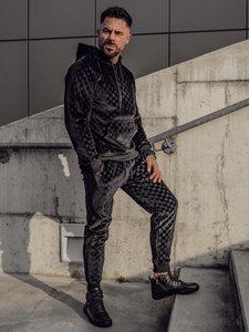 Fekete férfi bársony melegítő kapucnival Bolf 3A82-A