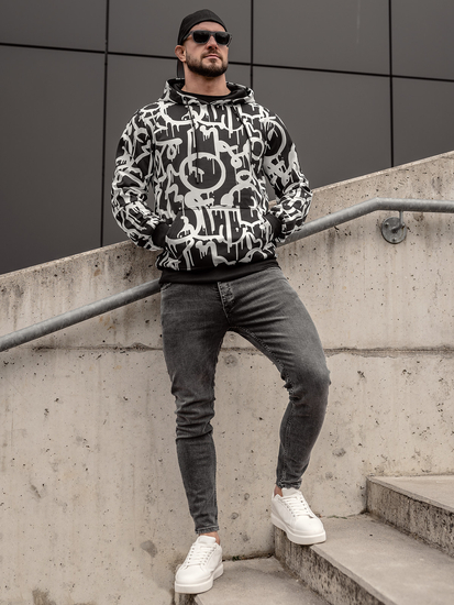 Fekete-fehér színű kapucnis kenguruzsebes férfi melegítőfelső mintával Bolf 8B1152A