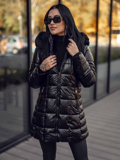 Fekete színű hosszú steppelt téli női kabát kapucnival Bolf 16M9120A