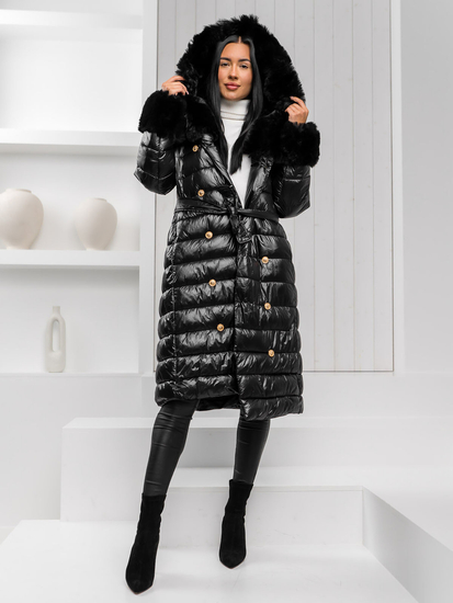Női téli hosszú steppelt kabát kapucnival fekete Bolf 5M3160A