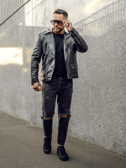 Férfi motoros bőrdzseki fekete színben Bolf 11Z8014