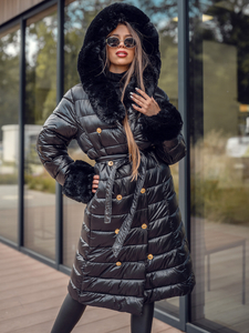 Fekete színű hosszú steppelt téli női kabát kapucnival Bolf 5M3160