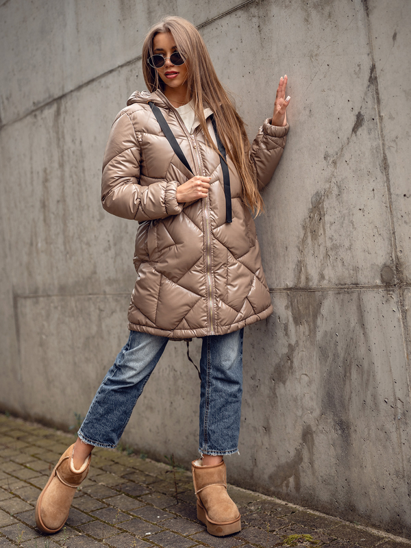 Camel színű hosszú steppelt téli női kabát kapucnival Bolf 5M3189