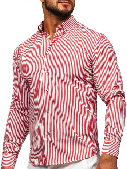 Hosszú ujjú csíkos férfiing korallpiros színben Bolf 22731