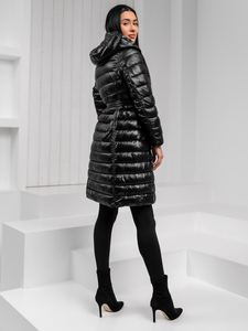Fekete női hosszú steppelt téli kabát kapucnival Bolf 5M3159A1
