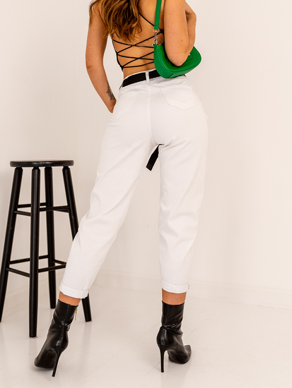 Fehér színű magas derekú női farmernadrág övvel és kistáskával Bolf LA688A