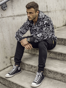 Fekete színű kapucnis kenguruzsebes férfi melegítőfelső mintával Bolf 8B1150