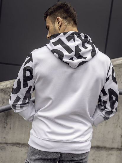Fehér színű kapucnis kenguruzsebes férfi melegítőfelső mintával Bolf 8B992
