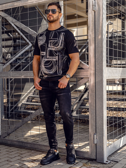 Fekete T-shirt férfi nyomott mintás Bolf KS2525TA