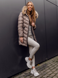 Barna színű hosszú steppelt téli női kabát természetes szőrmével Bolf M688